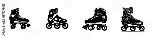 Different types of roller skates shown from left to right in a