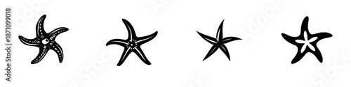 Different types of starfish shown in black and white on a plain