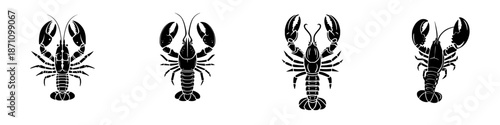 Different styles of lobster in black and white on a plain background