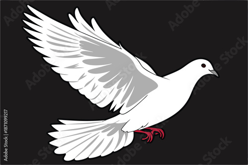  white dove in flight, wings spread, black background, high contrast, detailed feathers, graceful pose, symbol of peace, majestic bird, side view, red leg band, ethereal lighting, photorealistic, 4K