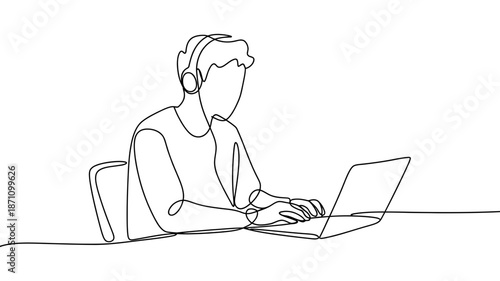 Continuous line drawing of a focused man wearing headphones and working on a laptop