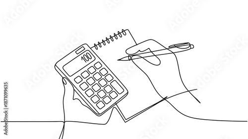 Hands holding a calculator and a pen, writing on a notepad, continuous line drawing illustrating finance and calculation