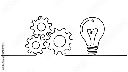 Continuous line drawing of gears and a light bulb symbolizing process and innovation