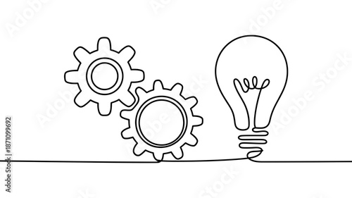 The synergy of mechanics and ideas: a continuous line art of gears and an illuminating light bulb