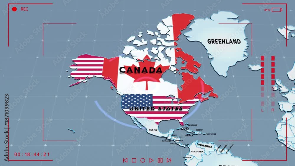 A stylized North America map showing Canada and the United States