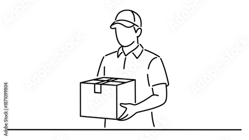 A delivery person in a cap and uniform holds a package, ready for dispatch or receipt