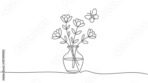 Continuous line drawing of a beautiful floral vase with a delicate butterfly hovering