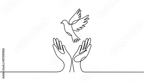 Continuous line drawing of two human hands releasing a dove, symbolizing peace and freedom