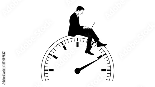 Balancing productivity and speed: a professional working on a laptop atop a performance gauge