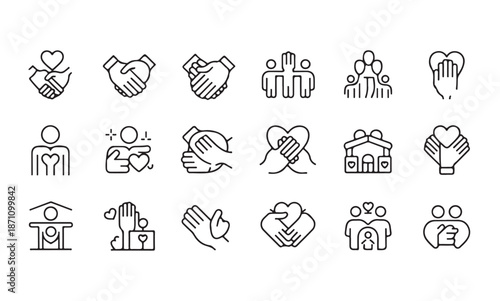 Charity and support icons set including volunteering community care handshakes and empathy symbols
