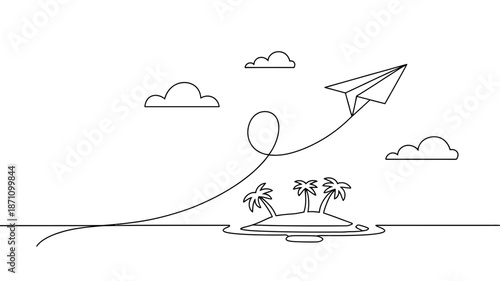 Paper airplane's journey through clouds, tracing a path to a serene tropical island