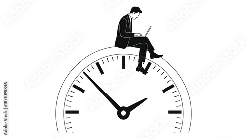 Businessman working diligently on a laptop, perched atop a large clock, symbolizing time management and productivity