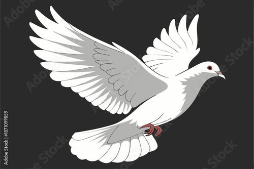  white dove in flight, wings spread, black background, high contrast, detailed feathers, graceful pose, symbol of peace, majestic bird, side view, red leg band, ethereal lighting, photorealistic, 4K