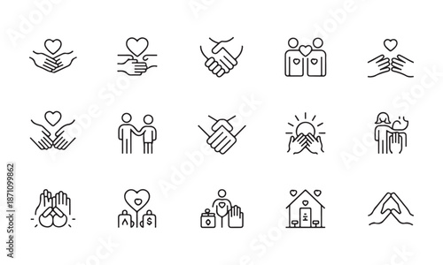 Set of charity and care icons, red heart symbol in hand, people giving and receiving help