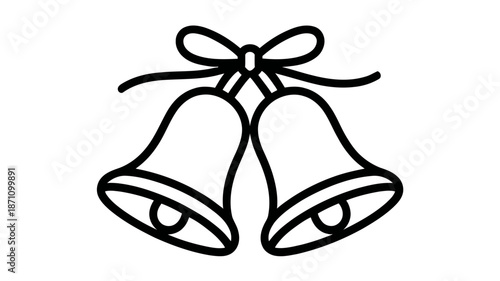 A delightful black outline illustration of two wedding bells tied with an elegant bow