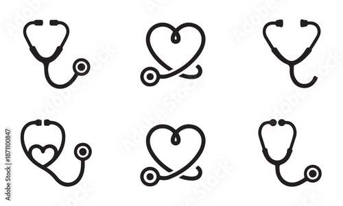 Set of six vector stethoscope icons medical instrument black silhouette collection different designs healthcare