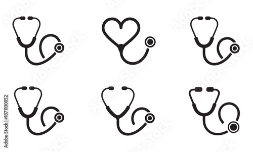 Six vector stethoscope icons set medical instrument shaped like heart perfect for cardiology health design