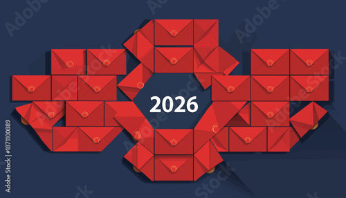 Red envelopes forming the number 2026, symbolizing a new year or financial concept.