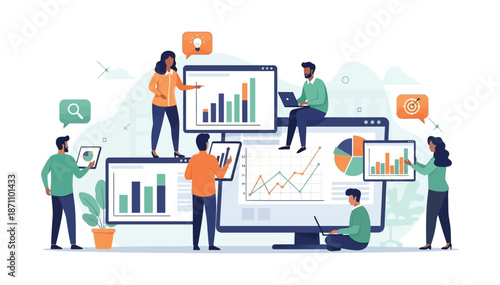 Business people analyze data on large computer screens collaborate with charts graphs illustration art