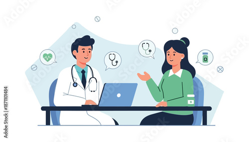 Doctor consults patient at desk with laptop in modern clinic illustration clean flat design style