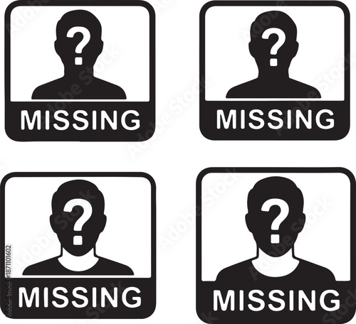 Missing Person Silhouette Icon Set Isolated on White. Unknown Identity and Search Symbol Vector Illustration.