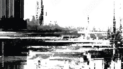 Glitchy distorted digital abstract with black and white pixels and horizontal lines digital art