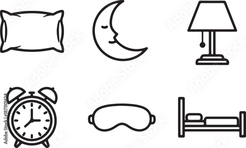 Sleep and Bedtime Line Art Icon Set Isolated on White. Night Rest, Pillow, and Alarm Clock Vector Symbols.