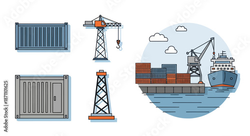 Industrial Port Scene with Shipping Containers Cranes and Cargo Ship.
