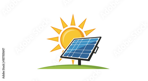 Solar panel with bright sun and green grass illustration.