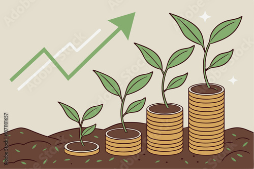 41 Stacks of coins increasing in height, Small green plants growing from coins, Glowing arrow chart pointing upwards, Financial growth concept, Soil and green background, Macro photography, Soft light