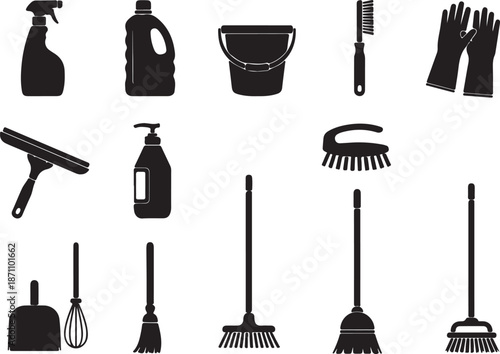 Cleaning Supplies and Housekeeping Silhouette Icon Set Isolated on White. Broom, Mop, Bucket, and Detergent Vector Symbols.