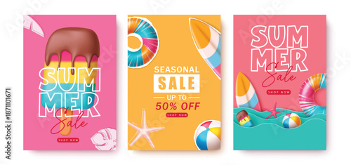 Summer Sale poster design featuring vibrant pink and orange backgrounds, chocolate dipped popsicles, surfboards, and beach balls.