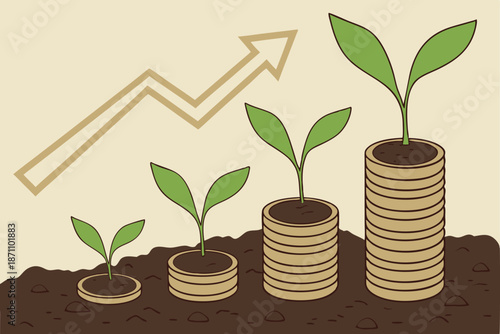 41 Stacks of coins increasing in height, Small green plants growing from coins, Glowing arrow chart pointing upwards, Financial growth concept, Soil and green background, Macro photography, Soft light