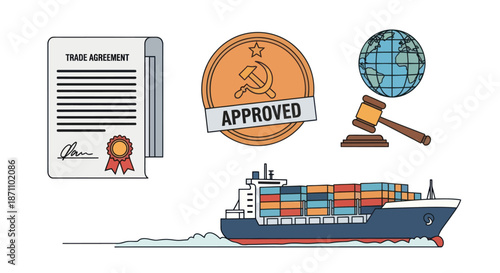 Global Trade Agreement Approved with Cargo Ship and Gavel.