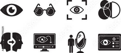 Eye and Vision Icon Set Isolated on White. Optical, Psychology, and Surveillance Vector Symbols.