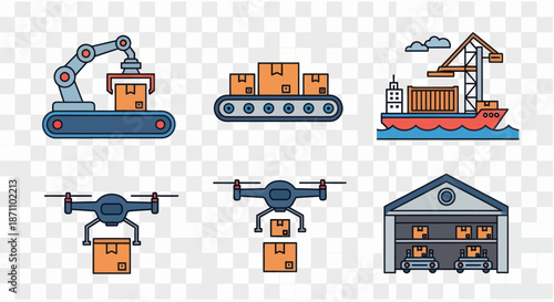 Modern Logistics and Delivery Icons Set with Shipping Warehouse and Drone Elements.