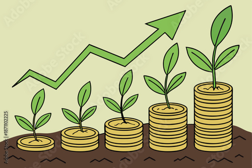 41 Stacks of coins increasing in height, Small green plants growing from coins, Glowing arrow chart pointing upwards, Financial growth concept, Soil and green background, Macro photography, Soft light