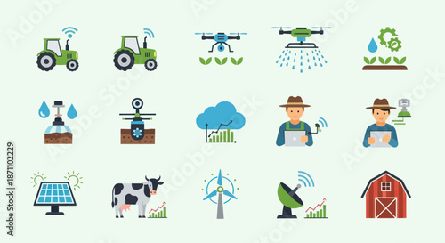 A collection of colorful flat icons representing smart farming and agricultural technology.