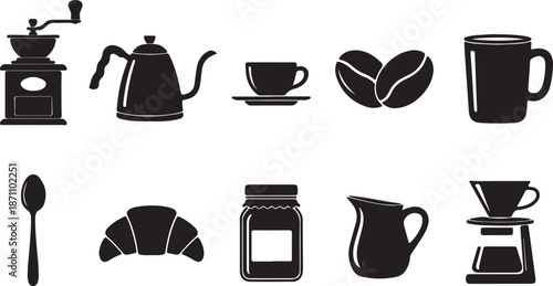 Coffee and Breakfast Silhouette Icon Set Isolated on White. Cafe Equipment and Pastry Vector Symbols.