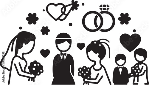 Black and white of wedding couple with two children holding flowers and rings bride groom