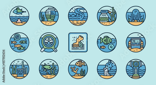Diverse Aquatic Ecosystems Depicted in Circular Illustrations.