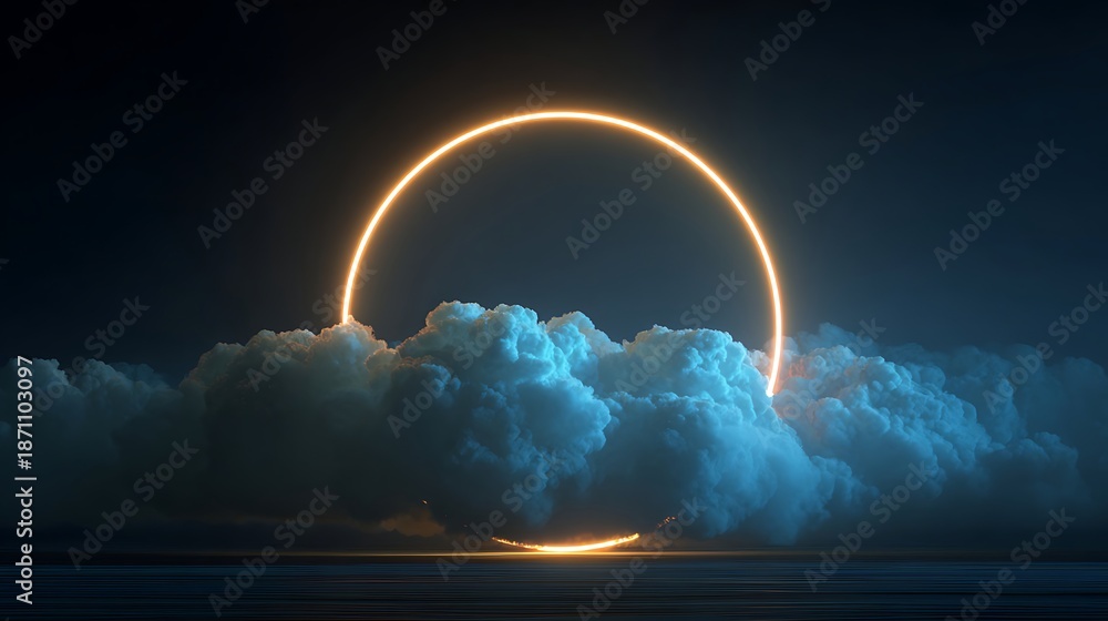 Fototapeta premium Glowing orange ring appears suspended above dramatic, dark clouds over a reflective surface