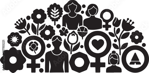 Black and white of women and flowers with the word mother in the center