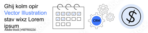 Business management, workflow optimization, automation, CRM tools, financial planning, task scheduling. Calendar with checkboxes, CRM gears and financial dollar symbol. Business management