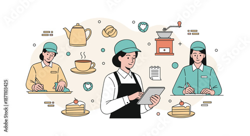 Group of cafe staff members working together to prepare coffee and cakes while taking orders on a digital tablet in a shop.