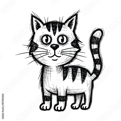 A whimsical hand-drawn illustration of a curious cat with a playful expression and decorative markings on a plain white background.