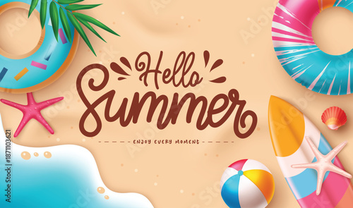A beautiful "Hello Summer" message on a sandy shore featuring a colorful inflatable ring, surfboard, beach ball, starfish, and gentle blue ocean waves.