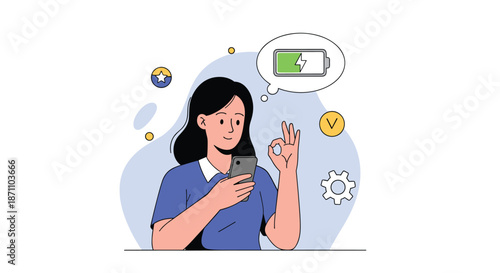 Happy young woman holding her smartphone with a full green battery icon on the screen and giving a positive okay hand gesture.