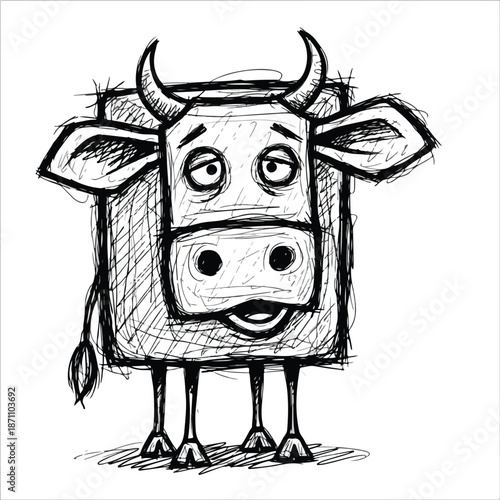 A cheerful cartoon cow with crescent moons and lanterns on its head, standing against a clean white background with a joyful and festive mood in a sketchy drawing style.