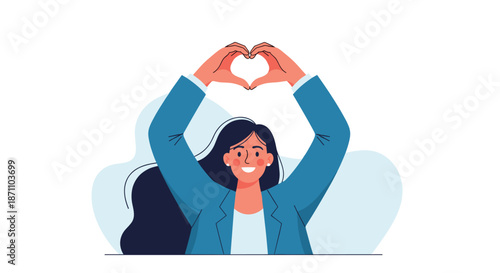 Cheerful young woman with long dark hair making a heart shape with her hands over her head to express love and positivity.